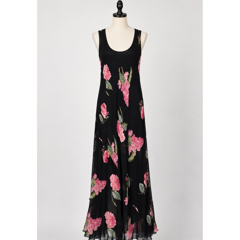 Starina Black Pink Floral Maxi Dress Sleeveless Romantic Boho 90s Y2K SZ Small